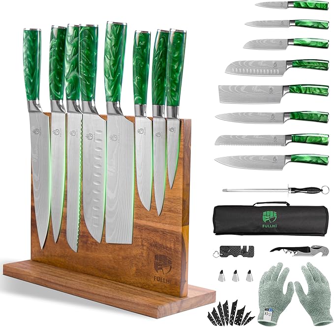 FULLHI 15pcs Japanese Knife Set with Magnetic Knife Block Holder, Japan Stainless Steel Blades, Green Resin Ergonomic Handles for Professional and Home Cooking