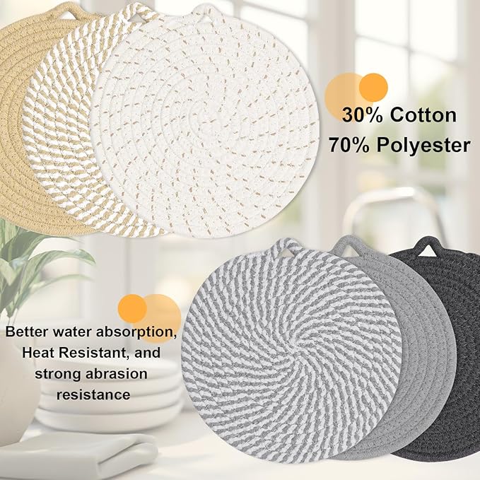 8" Trivets for Hot Dishes, 6 Pack Hot Pads for Kitchen Counter & Dining Table, Heat Resistant | Scratches | Stains Cotton Trivets for Hot Pots and Pans