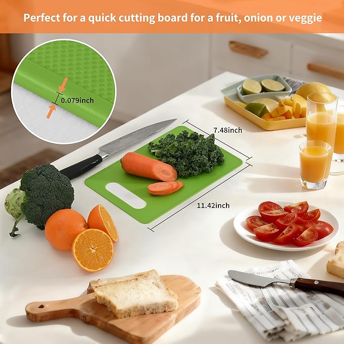 Luckyiren Cutting Board Set of 4, 11.4" x 7.5" x 0.1", Red Green Yellow White, Plastic Kitchen Cutting Boards with Juice Groove & Handle Hole, Lightweight & Dishwasher Safe