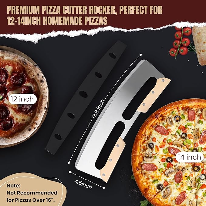 Pizza Cutter Rocker Blade with Wooden Handle, Premium 14inch Pizza Knife Rocker Cutter with Sharp Stainless Steel Blade and Protective Cover, Slicing Through Crust in One Single Rocking Motion