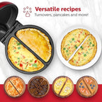 Holstein Housewares Stainless Steel 2 Section Omelet & Frittata Maker, Non Stick Coating, Easy To Clean, Indicator Lights, Compact Storage, Versatile Recipes in Minutes. 2 Portions, Metallic Red