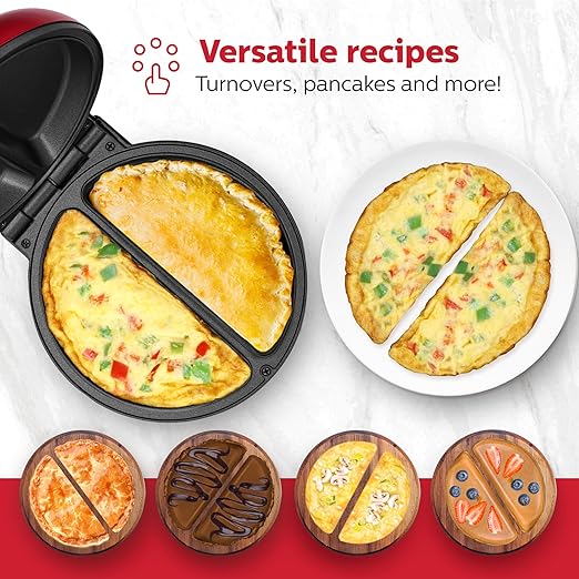 Holstein Housewares Stainless Steel 2 Section Omelet & Frittata Maker, Non Stick Coating, Easy To Clean, Indicator Lights, Compact Storage, Versatile Recipes in Minutes. 2 Portions, Metallic Red