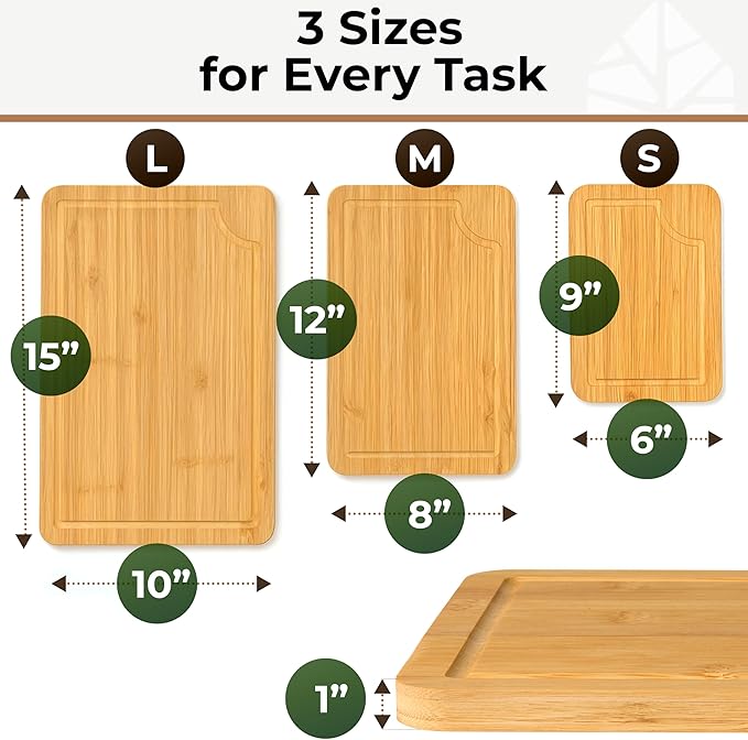 Set of 3 Bamboo Cutting Boards for Kitchen - Thick & Durable Wood Cutting Boards Set with Deep Juice Grooves & Build-in Handles, Large Surface, Easy to Clean – for Meat, Vegetables and Fruits