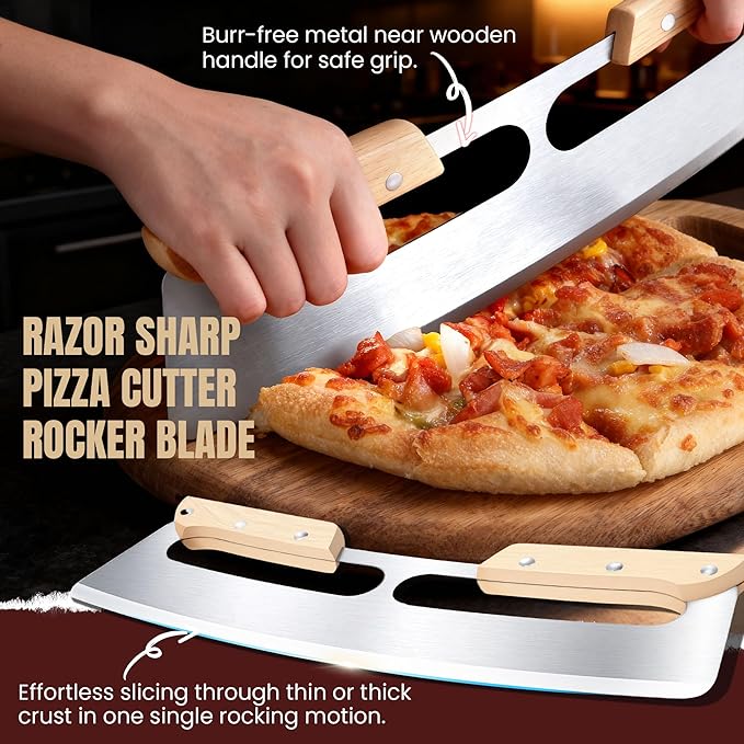 Pizza Cutter Rocker Blade with Wooden Handle, Premium 14inch Pizza Knife Rocker Cutter with Sharp Stainless Steel Blade and Protective Cover, Slicing Through Crust in One Single Rocking Motion