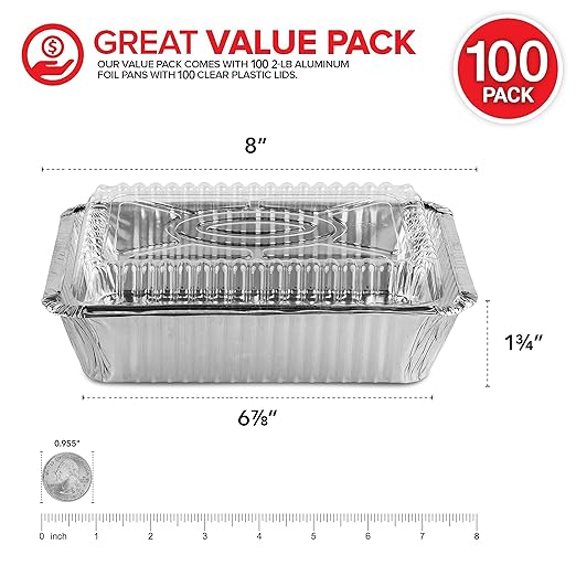 2 Lb Small Aluminum Pans with Lids (100 Pack) Foil Pan + Clear Plastic Lid, Disposable Cookware, Takeout Trays with Lids - to Go Disposable Food Containers for Restaurants & Catering, Stock Your Home