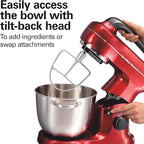 Hamilton Beach Electric Stand Mixer, 4 Quarts, Dough Hook, Flat Beater Attachments, Splash Guard, 7 Speeds with Whisk, Easy-Carry Top Handle, Red