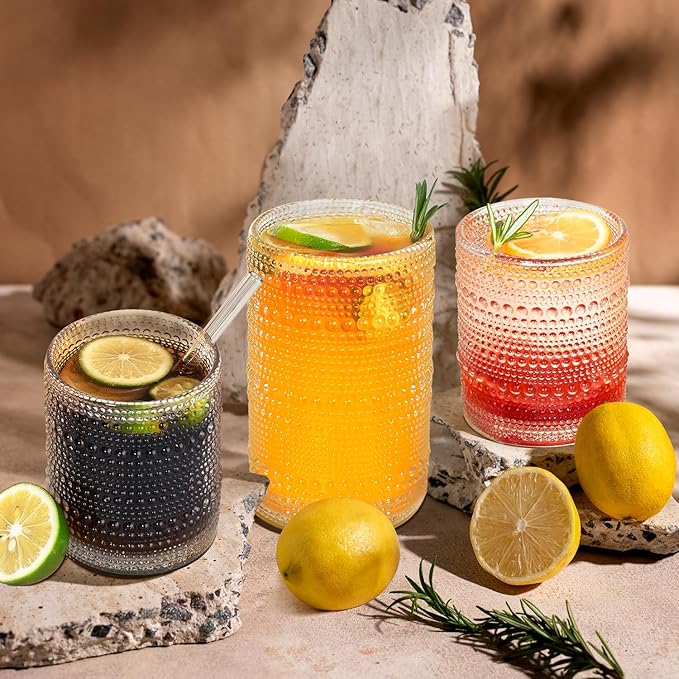 Hobnail Drinking Glasses with Straws, 15 oz & 12 oz Vintage Drinking Glasses Set of 8, Embossed Glasses Drinking Set, Textured Glass Cups for Kitchen, Beer, Juice, Cocktail, Whiskey, Milk