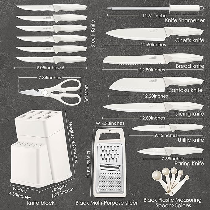 HaWare Knife Set, 21 Pieces Stainless Steel Kitchen Knife Block Set, White Chef Knife Sets with Measuring Spoon & Slicer for Home, 6 Steak Kinves, Sharp Blade & Light Weight Cutlery, Ergonomic Handle