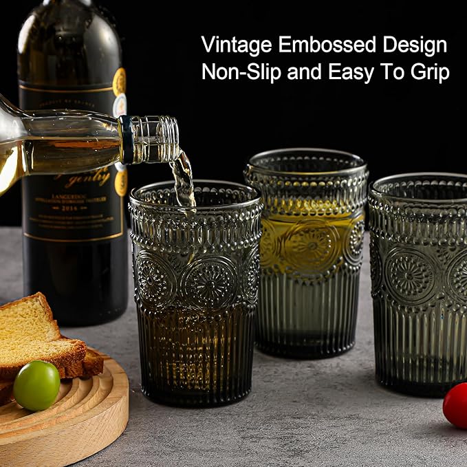 ZMOWIPDL Vintage Glassware Drinking Glasses Set of 6,13 oz Grey Textured Flower Design Glass Water Tumblers，Embossed Striped Drinkware for Water,Cocktails,Juice,Iced Coffee