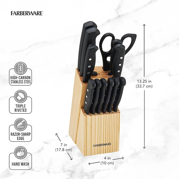 Farberware 22-Piece Never Needs Sharpening Triple Rivet High-Carbon Stainless Steel Knife Block and Kitchen Tool Set, Black, Durable AND Precision Cutlery