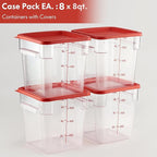 CURTA 8-Pack 8 Qt NSF Clear Polycarbonate Food Storage Containers with Red Lids - Square, Commercial-Grade, Freezer & Dishwasher Safe, Stackable