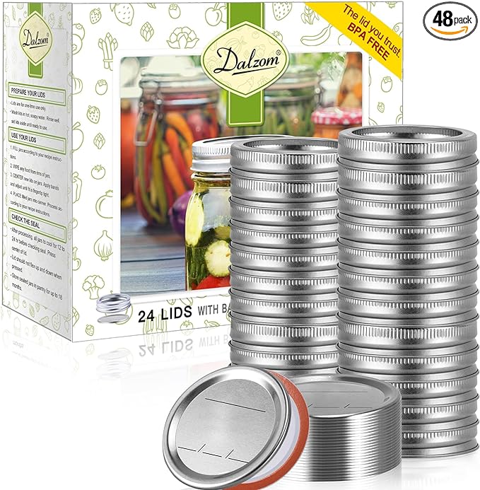 Dalzom® 24Pcs Canning Lids with 24Pcs Rings Wide Mouth, Premium Mason Jar Lids with Bands/Rings for Ball, Kerr Jars - Food Grade Material, 100% Fit & Airtight for Wide Mouth Mason Jars