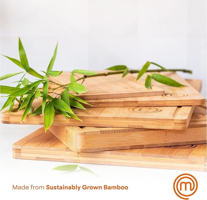 MasterChef Bamboo Cutting Boards for Kitchen, Wooden Cutting Board Set of 3, Natural, Organic & Food Safe Surface, Reversible Large, Medium & Small Wooden Chopping Boards with Juice Grooves