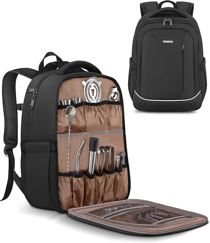 PEKREWS Bartender Bag, Travel Bartending Backpack for Carrying Bar Kit, Portable Bar Bag for Tools Set Storage Cocktail Shaker and Wine Bottle Carrier, Professional Mixology Gift (Backpack Only)