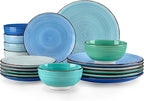 vancasso Bonita Plates and Bowls Sets 18 Pieces Blue Stoneware Service for 6, Modern Round Dinnerware Sets, Hand-Painted Spiral Dishes Set-Microwave and Dishwasher Safe (Blue,18 Pcs)