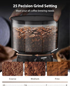 Aromaster Conical Burr Coffee Grinder with 25 Grind Settings,Adjustable 2-12 Cups Timer,Coffee Bean Grinder,3-Ear Portafilter Holder, Anti-static Design,Cleaning Brush Included,Black