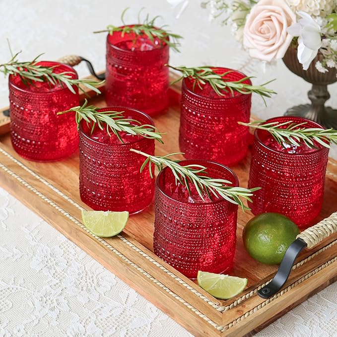 Kate Aspen Retro Arch Floral Red Drinking Glasses Set of 6, 10 oz Vintage Ribbed Glass Cups, Christmas Glassware & Holiday Drinkware, Valentine’s Day & Holiday Hostess Gift