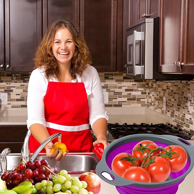 Black and Purple Food Strainer for Kitchen - Small Silicone Colander with Handle for Camping Multifunctional Strainer for Spaghetti and Pasta