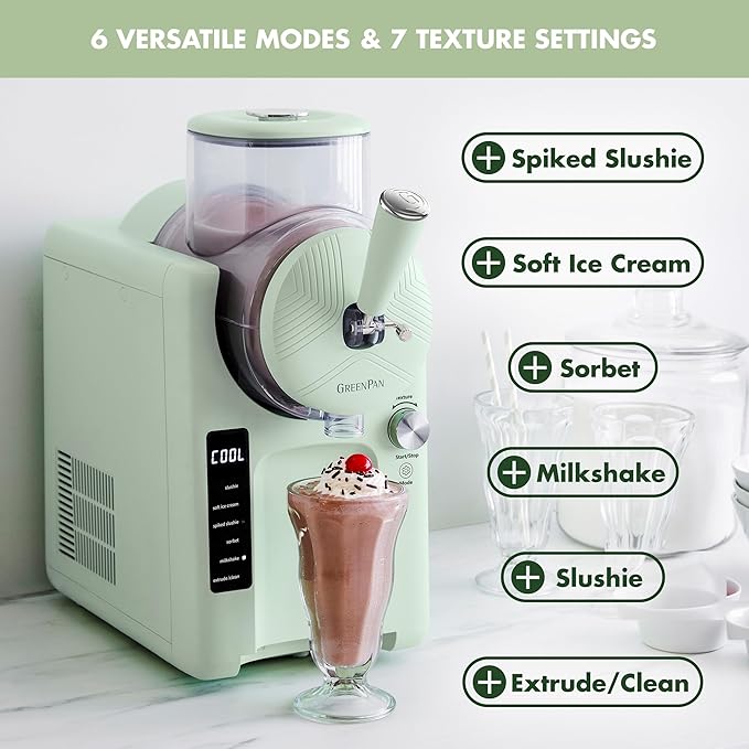 GreenPan Frost Ice Cream Maker & Slushie Machine, Soft Serve, Sorbet, Margaritas, Milkshakes, Frozen Yogurt, No Pre-Freezing, Ready in 15 Mins, 6 Modes, 7 Textures, Self-Cleaning, Family Size, Green