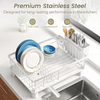 SNTD Dish Drying Rack - Small Dish Rack for Kitchen Counter, Stainless Steel Dish Drainer with Utensil Holder and Drainboard, 11" W x 15" L (White)