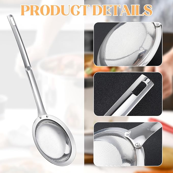 Skimmer Spoon Filter Grease Foam Fine Mesh Stainless Steel Sieve Colander, Extra Fine Strainer With Handle Handheld Fry Oil Filter for Cooking Sieve Spoon for Food Strainer Kitchen Gadget (Large)