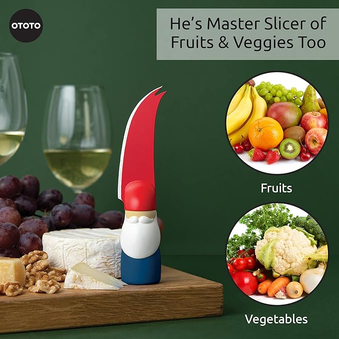 OTOTO Bert Cheese Knife, Gnome-Themed Multifunctional Knife for Cheese, Fruits, and Veggies, Cute Kitchen Accessories, BPA-Free Kitchen Gadget, Funny Gadgets, Gnomes Gifts for Women