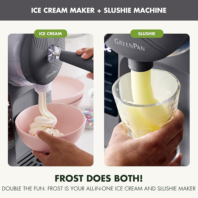 GreenPan Frost Ice Cream Maker & Slushie Machine, Soft Serve, Sorbet, Margaritas, Milkshakes, Frozen Yogurt, No Pre-Freezing, Ready in 15 Mins, 6 Modes, 7 Textures, Self-Cleaning, Family Size, Gray