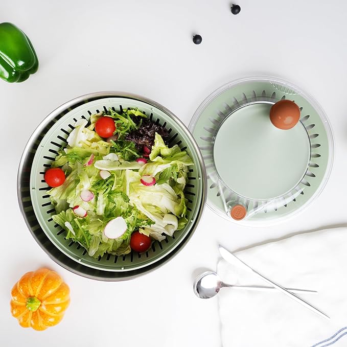 Stainless Steel Salad Spinner, 5.3 Qt Lettuce Spinner with Non-Slip Base, Drain and Stop Button, Fruit and Vegetable Washer and Dryer Spinner