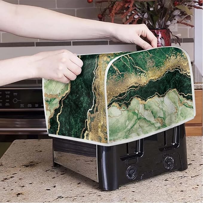 JEOCODY Teal Gold Marble Toaster Cover With Handle - 2 Slice Appliance Cover for Bread Maker, Kitchen Small Appliances, Universal Size Microwave Oven - Dustproof