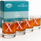 On The Rox (X-Monogram)- 4 Piece Set of 11 Ounce Engraved Heavy Base Rocks Glasses- Quality Elegant Glass-Multi-Purpose Beverage-Rocks Glass- For any Occasion