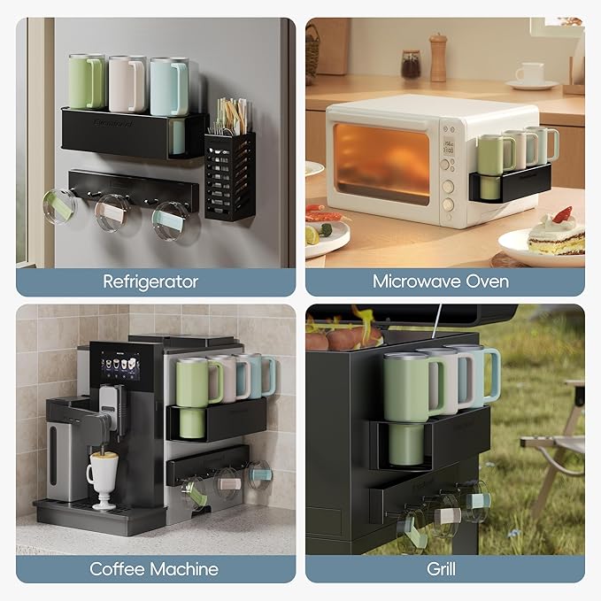 Magnetic Cup Holder for Fridge for 20/30/40 oz Stanley Tumblers Water Bottle Storage Holders & Lid Hook Organizers 2 Pack (6 Cups, 10 Hooks)