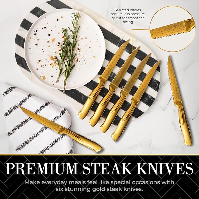 Styled Settings Gold Knife Set with Block and Sharpener – 14PC Golden Titanium-Coated Blades with Bold Herringbone Pattern, Knife Block with Built-in Sharpener, Durable, Luxury Kitchen Knives Set