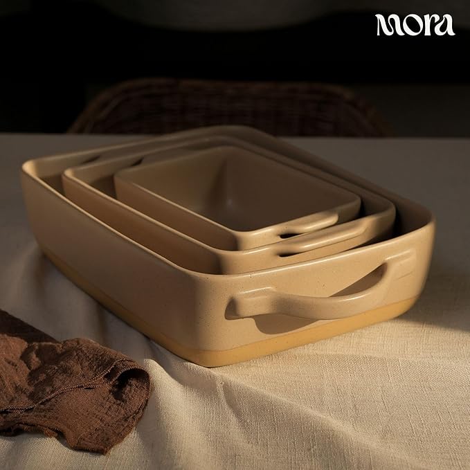 Mora Ceramic Baking Dish with Handles For Casserole, Lasagna, Gratin, Broiling, Roasting, and Baking. Large 9x13 in Pan, Extra Deep - Porcelain Serving Bakeware from Oven to Table. Freezer Safe - Mushroom