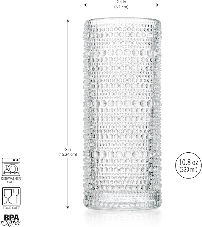 Glaver's Highball Drinking Glasses, 10.82 oz Sleek Hobnail Textured Glassware Modern Tall Tumblers set of 4 Iced Coffee Glasses, Highball Cocktail Set, Dishwasher Safe, Housewarming Gift Set