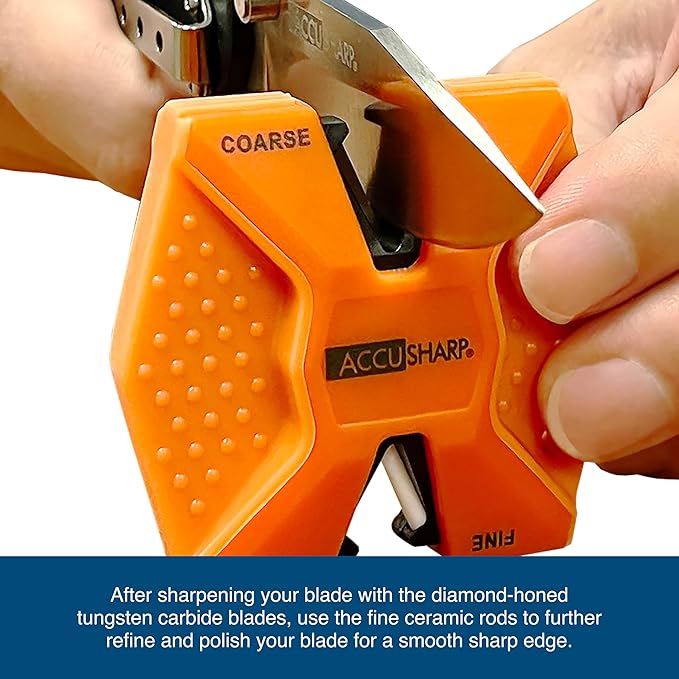 AccuSharp Pull Through Knife Sharpener Keychain, 2-Stage Sharpener for Straight or Serrated Kitchen Knives, Handheld Tool for Fishing & Hunting, Orange