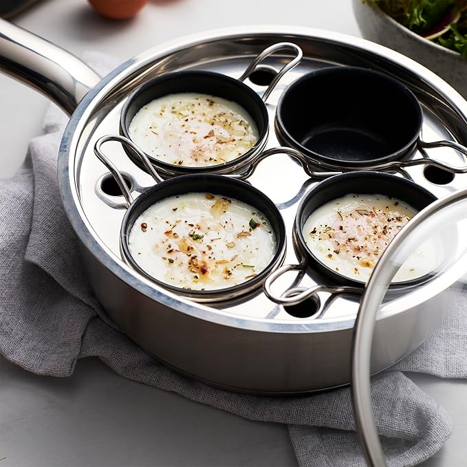 Demeyere Resto 18/10 Stainless Steel Stovetop Egg Poacher Set, 4 Removable Cups, Induction Compatible, Dishwasher Safe (Ceramic, Stainless)