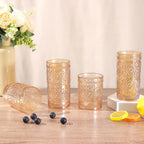Amber Glassware Set of 4, Vintage Drinking Glasses, Colored Glassware Drinking, Highball Embossed Beverage Glasses Cup for Water, Juice, Cocktail, Coffee (2pcs12oz+2pcs10oz）