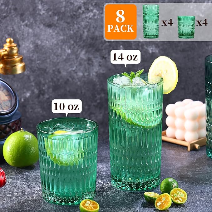 Loivttvv Glassware Drinking Glasses Set of 8, 14 oz Highball Glasses & 10 oz Ribbed Glass Cups, Vintage Glassware for Water, Juice, Cocktail, Whiskey (Atroviens)