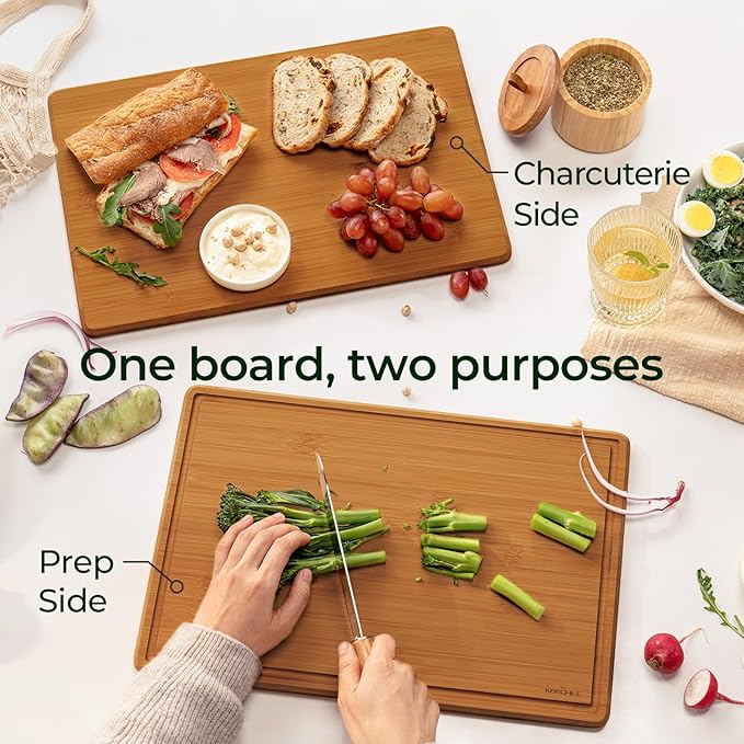 Keechee 2Pcs Cutting Board Set with Non-slip Mat, Bamboo Cutting Boards for Kitchen Meal Prep & Serving - Wood Serving Board Sets with Deep Juice Groove Ideal Kitchen Gifts