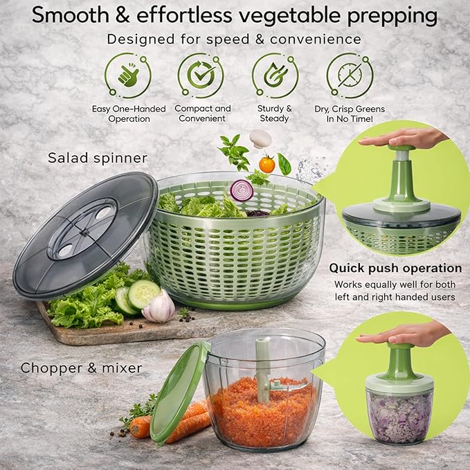 Brieftons Salad Spinner and Chopper: Large 6.3-Quart Lettuce Greens Vegetable Washer Dryer, with Bonus 0.95-Quart Veggie Chopper Mixer, Compact Storage, Easy Push Operation for Quick Veggie Prepping