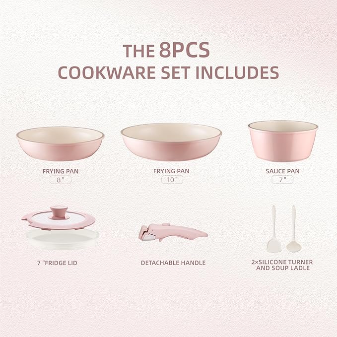 BECIGAR 8PCS Ceramic Cookware,Nonstick Ceramic Pan, Removable Handle Pots and Pans Set, Stackable Pan Set, Nonstick Pots and Pans Set Non Stick pot(Pink)