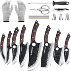 Meat Cleaver Butcher Knife Set of 15PCS, Hand Forged Knives Set for Kitchen, High Carbon Japanese Knife Set with bag & 6 Accessories, Boning Knife for Meat Cutting, Outdoor Cooking BBQ Camping Gift