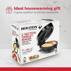 Holstein Housewares Stainless Steel 2 Section Omelet & Frittata Maker, Non Stick Coating, Easy To Clean, Indicator Lights, Compact Storage, Prepare Versatile Recipes in Minutes. 2 Portions, Black