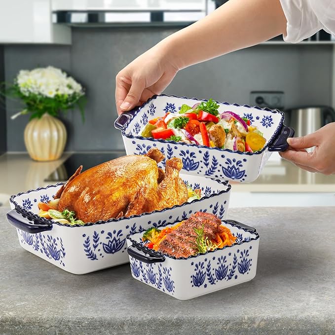 SOUJOY 3 Pack Porcelain Bakeware Set, Rectangular Baking Dishes, Lasagna Pan for Cooking, Kitchen, Casserole Dishes, Cake Dinner, Banquet and Daily Use