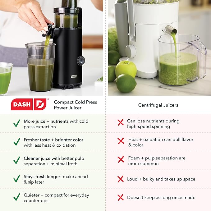 DASH Deluxe Compact Masticating Slow Juicer, Easy to Clean Cold Press Juicer with Brush, Pulp Measuring Cup, Frozen Attachment and Juice Recipe Guide - Black