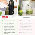 DASH Deluxe Compact Masticating Slow Juicer, Easy to Clean Cold Press Juicer with Brush, Pulp Measuring Cup, Frozen Attachment and Juice Recipe Guide - Black