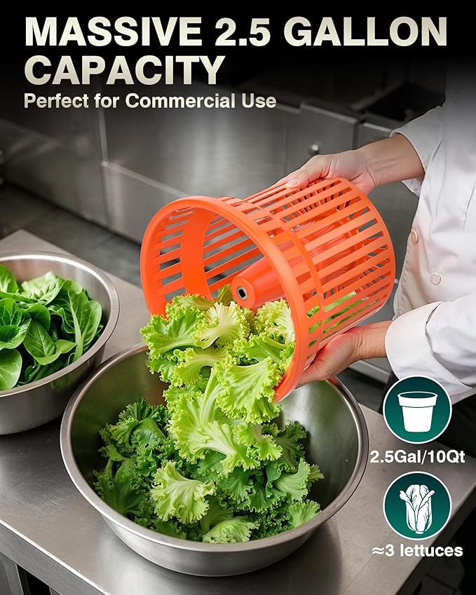WantJoin Commercial Salad Spinner - 2.5 Gallon Salad Dryer w/Silicone Anti-slip Mat & Draining Hose, 10Qt Manual Salad Spinner for 3 Heads of Lettuce Spinner Large for Catering