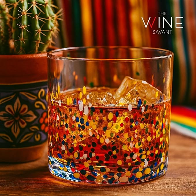 Large Confetti DOF Glasses – Set of 2-11oz Luxury Hand Blown Confetti Whiskey, Margarita, Martini, Cocktails, Water, Wine, Dessert & Champagne Glasses Cinco de Mayo, Hand Blown - Mexican Water Glass