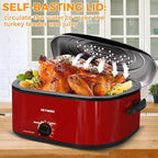18 Quart Roaster Oven with Self-Basting Lid, Large Electric Turkey Roaster Oven with Defrost & Warm Function, Adjustable Temperature, Removable Pan & Rack, Stainless Steel, Red