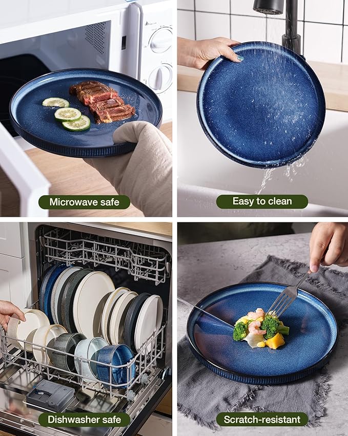 Famiware Star 16-Piece Stoneware Dinnerware Set, Service for 4, Reactive Glaze Mugs, Plates and Bowls, Dishes with Trim, Modern Rustic, Chip/Scratch Resistant, Microwave/Dishwasher Safe, Nebulas Blue